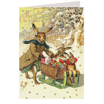 Glittered Bunnies Gift Sled Christmas Card ~ England